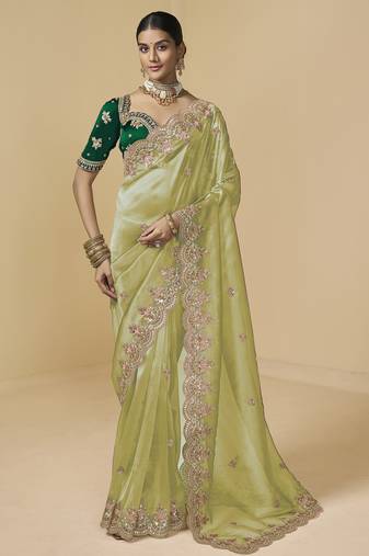 Light green (pista) embroidered tissue party wear saree with designer blouse fabric