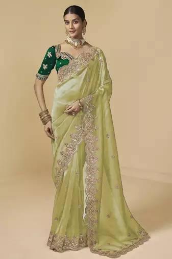 Light green (pista) embroidered tissue party wear saree with designer blouse fabric