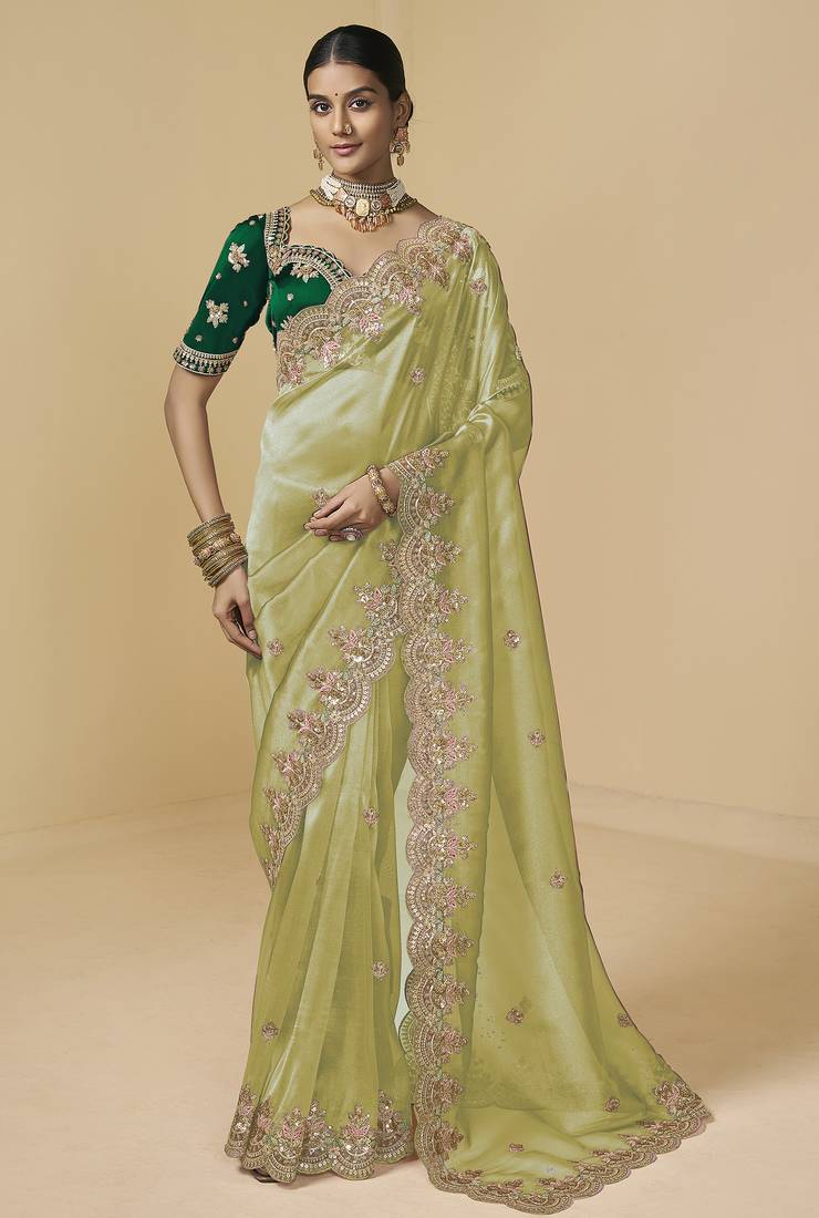 Light green (pista) embroidered tissue party wear saree with designer blouse fabric
