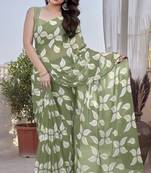 green floral print chiffon saree with blouse piece