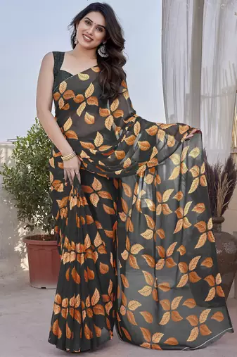 black floral print chiffon saree with blouse piece