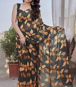 black floral print chiffon saree with blouse piece