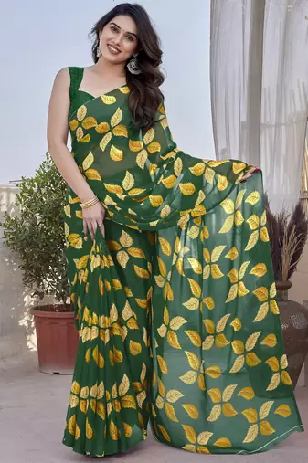 green floral print chiffon saree with blouse piece