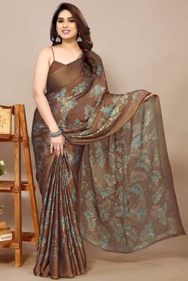 brown leaf floral print chiffon saree with blouse piece 1