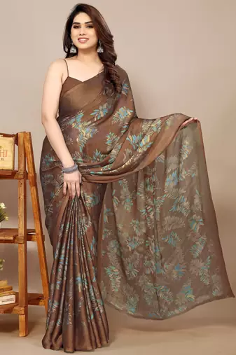 brown leaf floral print chiffon saree with blouse piece