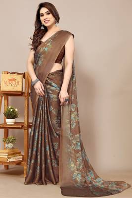 brown leaf floral print chiffon saree with blouse piece 2