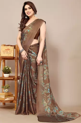 brown leaf floral print chiffon saree with blouse piece