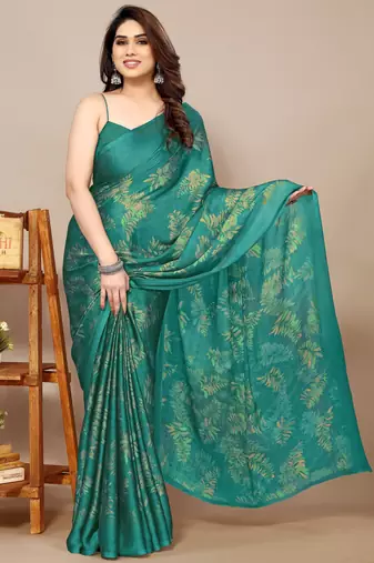 green leaf floral print chiffon saree with blouse piece