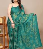 green leaf floral print chiffon saree with blouse piece