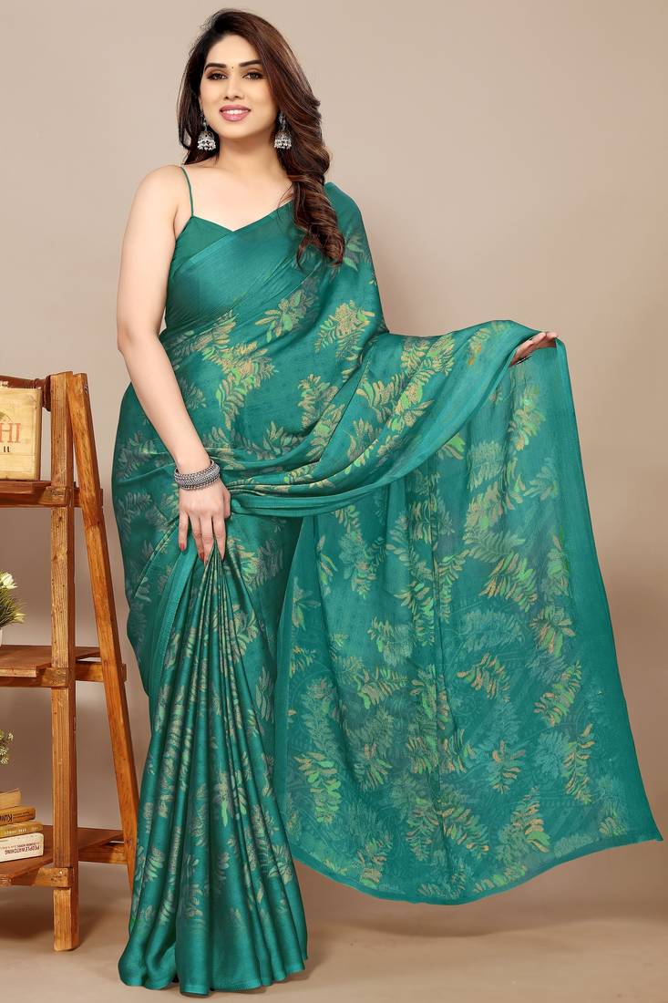 green leaf floral print chiffon saree with blouse piece