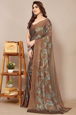 brown leaf floral print chiffon saree with blouse piece 3