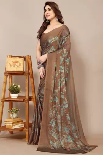 brown leaf floral print chiffon saree with blouse piece