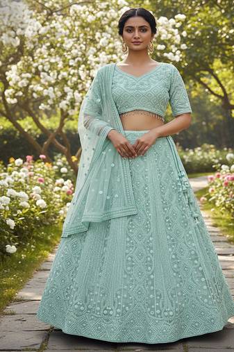 Aqua Blue Sequin Embroidered Net Lehenga Set