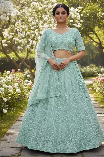Aqua Blue Sequin Embroidered Net Lehenga Set