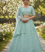 Aqua Blue Sequin Embroidered Net Lehenga Set