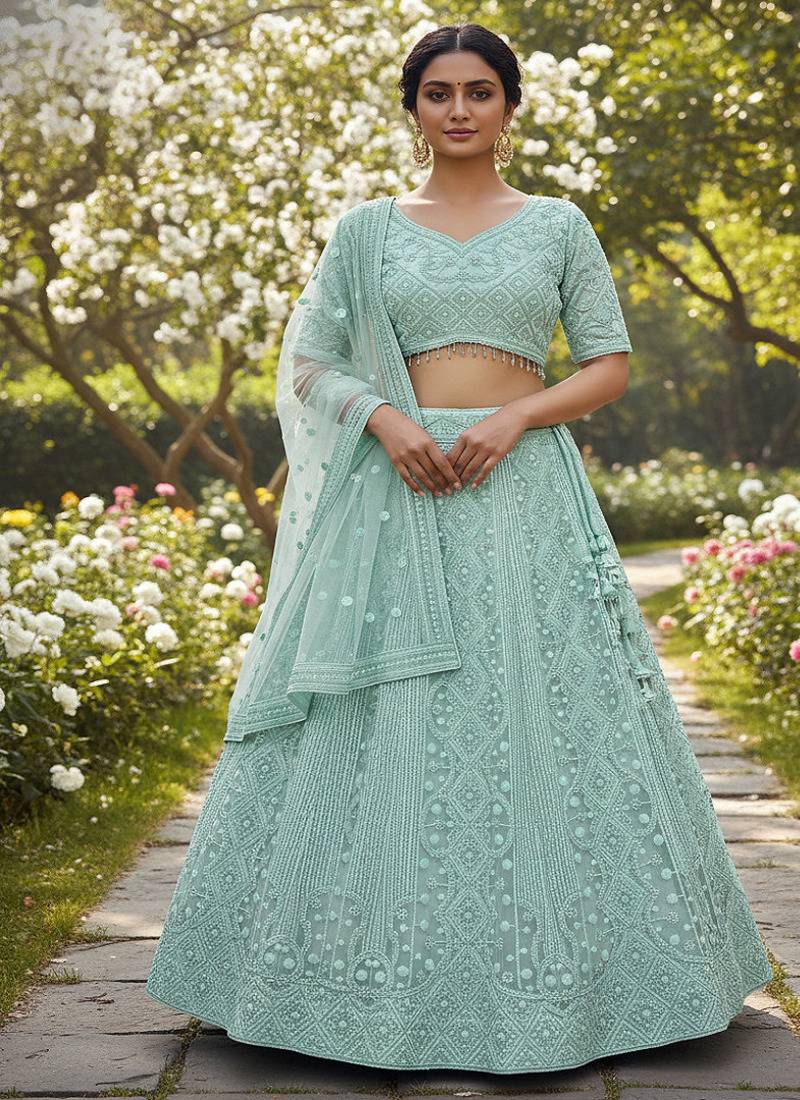 Aqua Blue Sequin Embroidered Net Lehenga Set