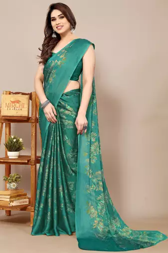 green leaf floral print chiffon saree with blouse piece