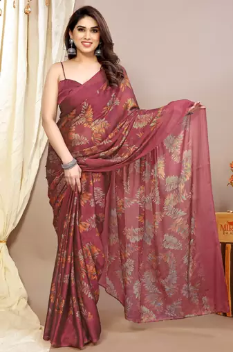 maroon leaf floral print chiffon saree with blouse piece