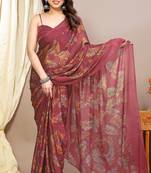 maroon leaf floral print chiffon saree with blouse piece