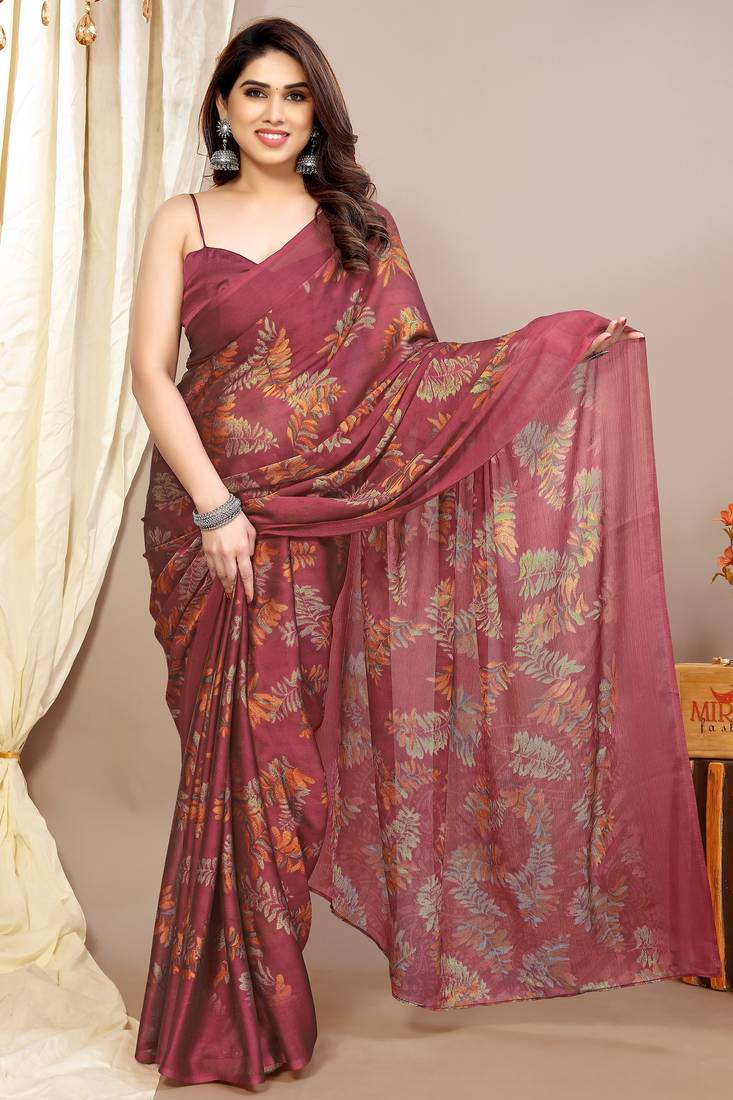 maroon leaf floral print chiffon saree with blouse piece