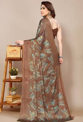 brown leaf floral print chiffon saree with blouse piece 4