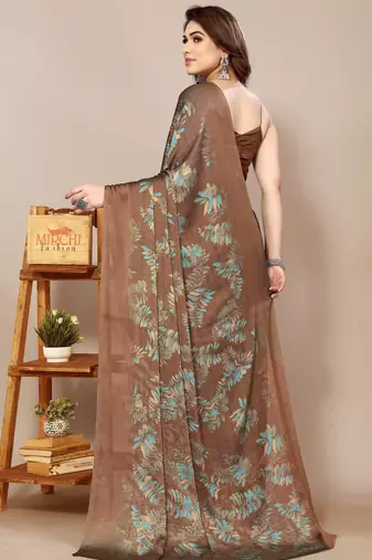 brown leaf floral print chiffon saree with blouse piece