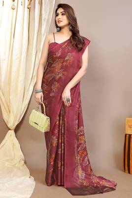 maroon leaf floral print chiffon saree with blouse piece 2