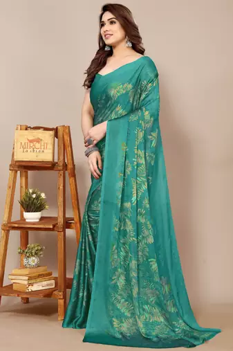 green leaf floral print chiffon saree with blouse piece