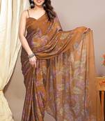 rust leaf floral print chiffon saree with blouse piece