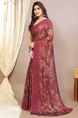 maroon leaf floral print chiffon saree with blouse piece 3