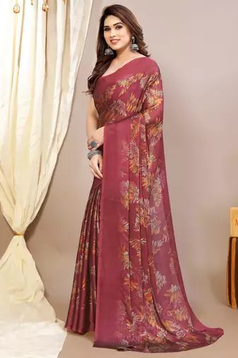 maroon leaf floral print chiffon saree with blouse piece