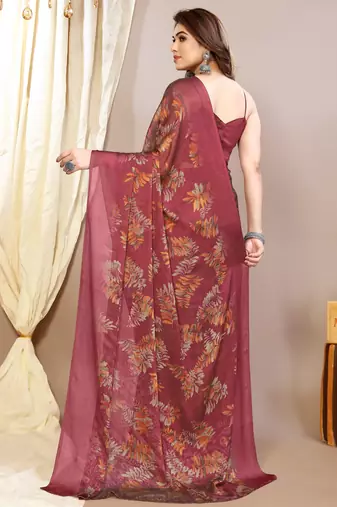 maroon leaf floral print chiffon saree with blouse piece