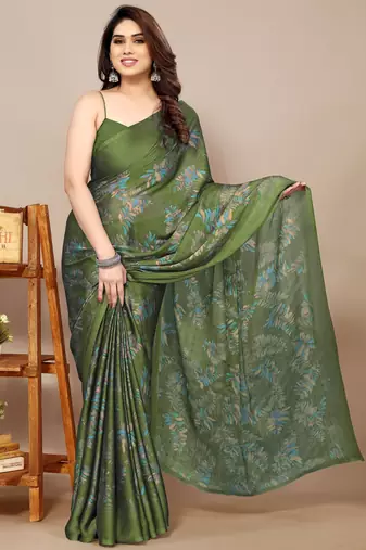 green leaf floral print chiffon saree with blouse piece