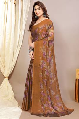 rust leaf floral print chiffon saree with blouse piece 3