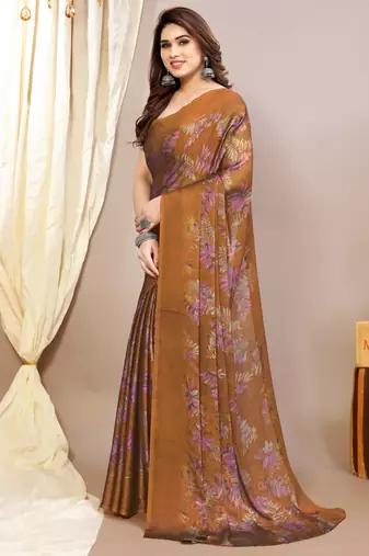 rust leaf floral print chiffon saree with blouse piece