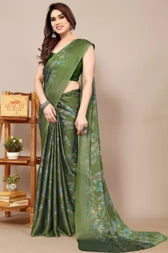 magenta leaf floral print chiffon saree with blouse piece