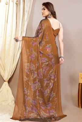 rust leaf floral print chiffon saree with blouse piece 4