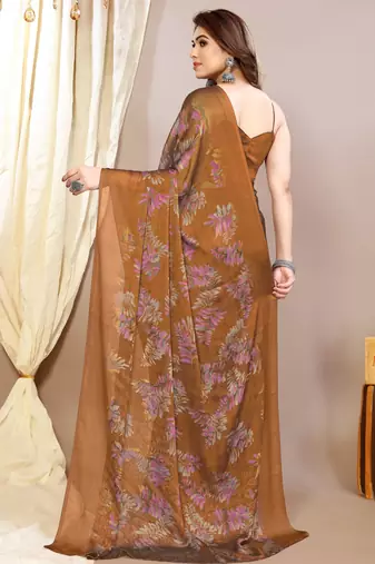 rust leaf floral print chiffon saree with blouse piece