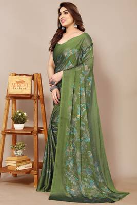 magenta leaf floral print chiffon saree with blouse piece 3