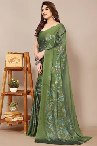 magenta leaf floral print chiffon saree with blouse piece
