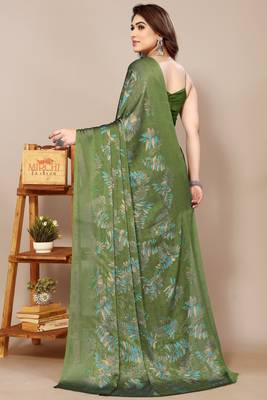 magenta leaf floral print chiffon saree with blouse piece 4