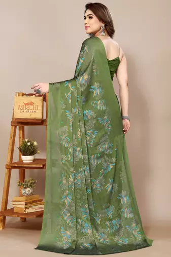 magenta leaf floral print chiffon saree with blouse piece