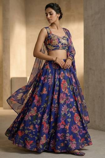 Purple Tabby silk Printed Lehenga Choli with Sequins and stone Work