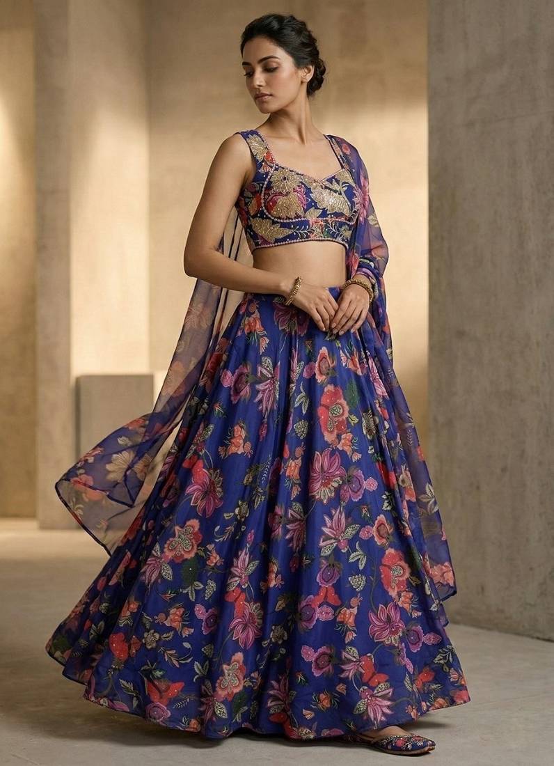 Purple Tabby silk Printed Lehenga Choli with Sequins and stone Work