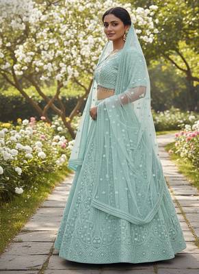Aqua Blue Sequin Embroidered Net Lehenga Set 2