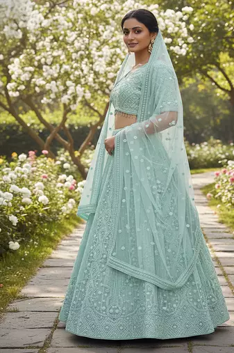 Aqua Blue Sequin Embroidered Net Lehenga Set