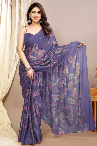 purple leaf floral print chiffon saree with blouse piece