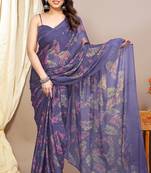 purple leaf floral print chiffon saree with blouse piece