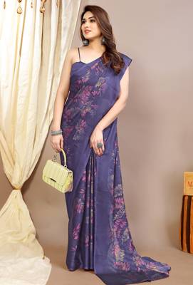 purple leaf floral print chiffon saree with blouse piece 2