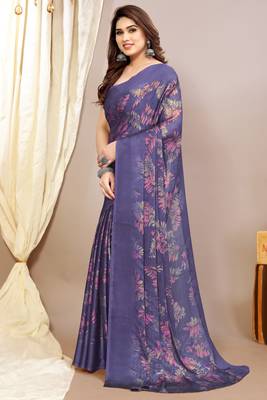 purple leaf floral print chiffon saree with blouse piece 3